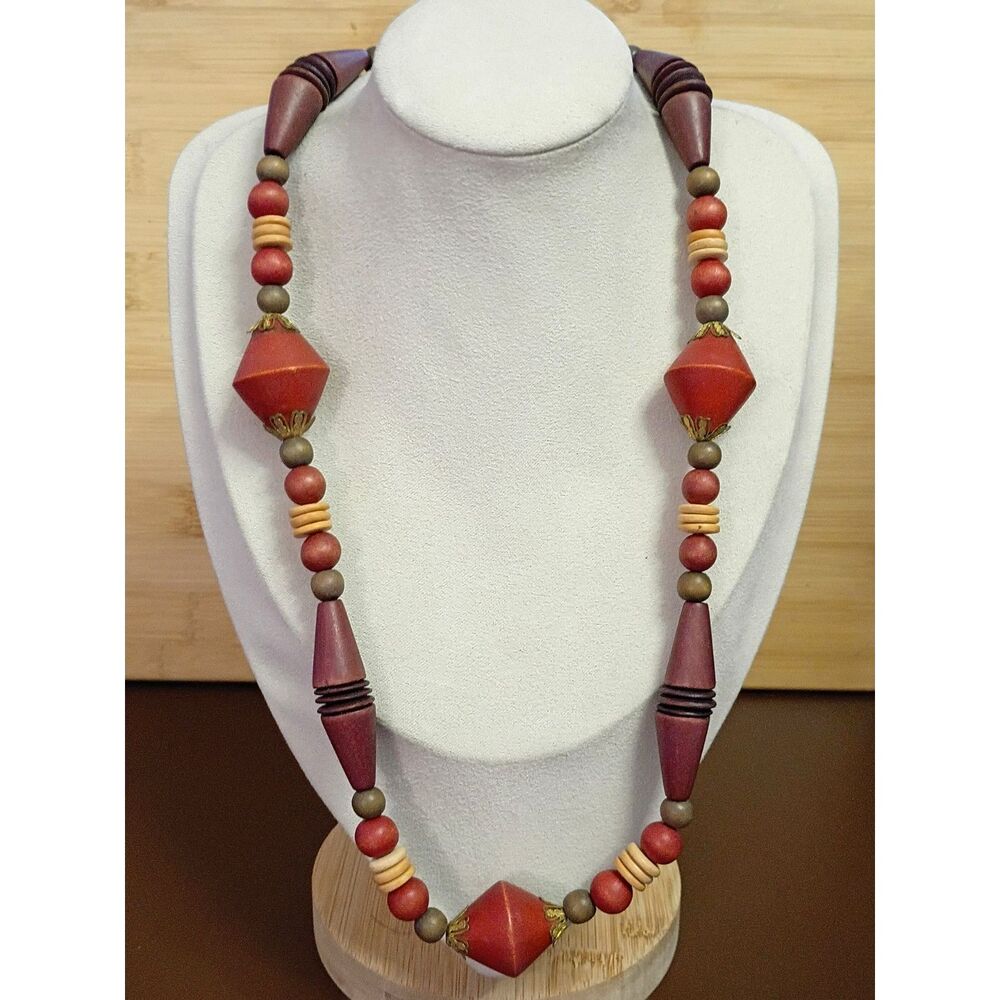 Vintage Necklace with Wooden Beads of Multiple Sizes and Colors in Earths Tones